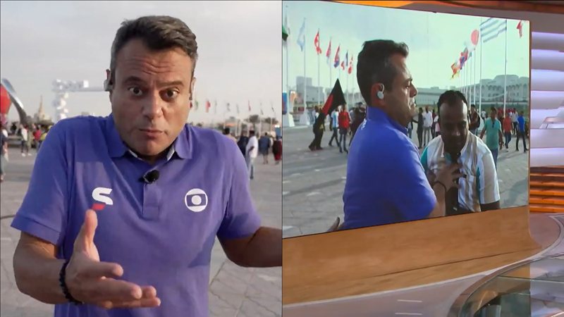 Repórter da Globo se explica após empurrar torcedor ao vivo no Catar: "Sem maldade" - Reprodução/SporTV/TV Globo