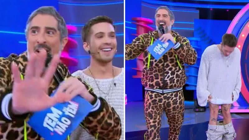 O ator João Guilherme tira calça e choca o apresentador Marcos Mion no 'Caldeirão': "Controle" - Reprodução/Globo