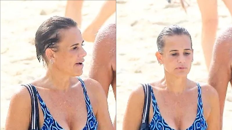 Aos 53 anos, ex-Paquita Andrea Veiga ostenta barriga trincada só de biquíni na praia - JC Pereira/AgNews