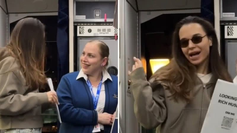 Mulher embarca em avião com placa dizendo que procura marido rico - Reprodução/Tik Tok