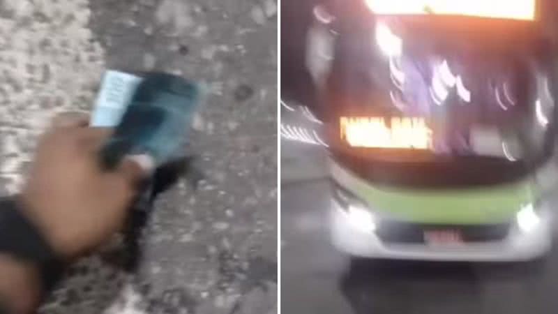 Motorista para ônibus para recolher pilha de notas de R$ 100 - Reprodução/Instagram