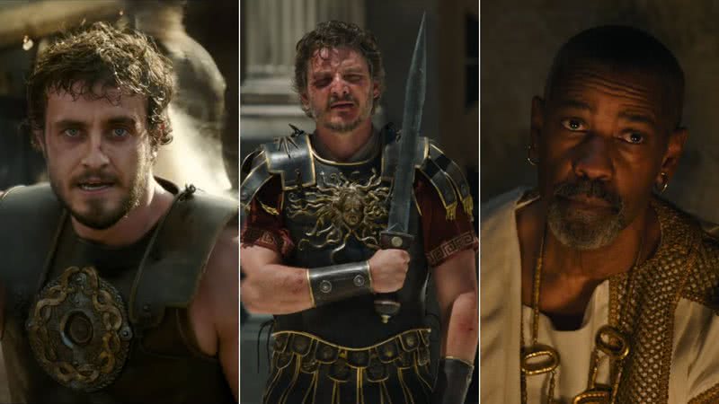 Divulgação/Universal Studios - Paul Mescal, Pedro Pascal e Denzel Washington em Gladiador 2