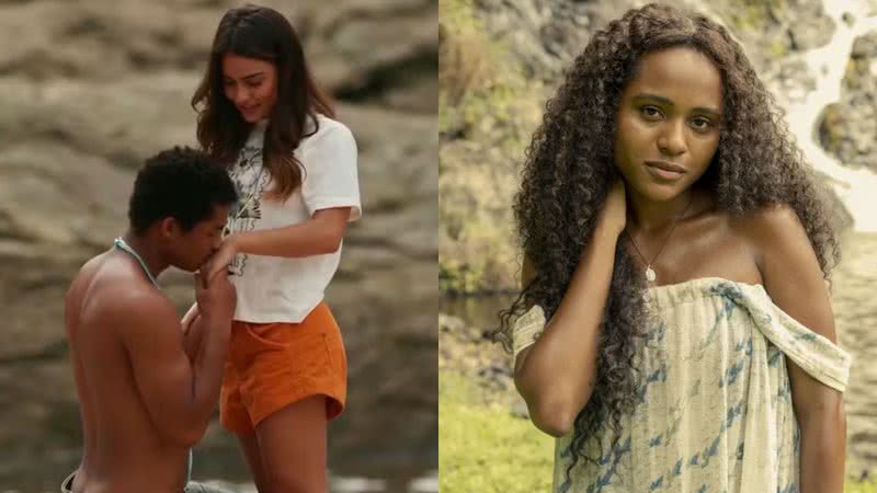 João Pedro (Juan Paiva), Sandra (Giullia Buscacio) e Maria Santa (Duda Santos) de Renascer - Reprodução/Globo