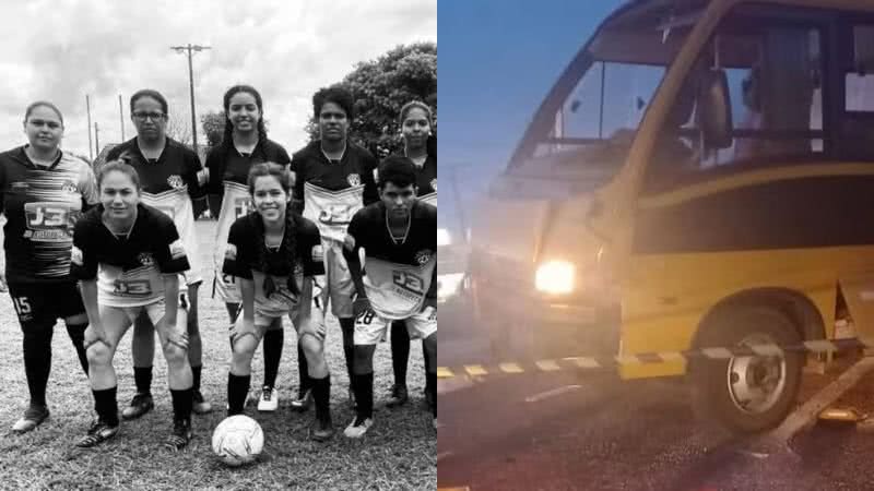 Time de futebol feminino ABC, de Camapuã, e o micro-ônibus no local do acidente - Reprodução/Redes sociais