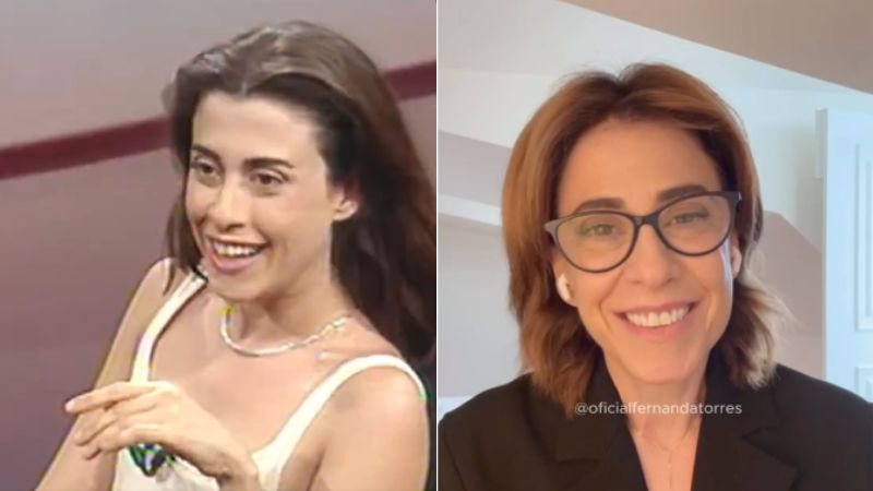 Fernanda Torres em entrevista para o 'Roda Viva', em 1992, e atualmente - Reprodução/X e Instagram