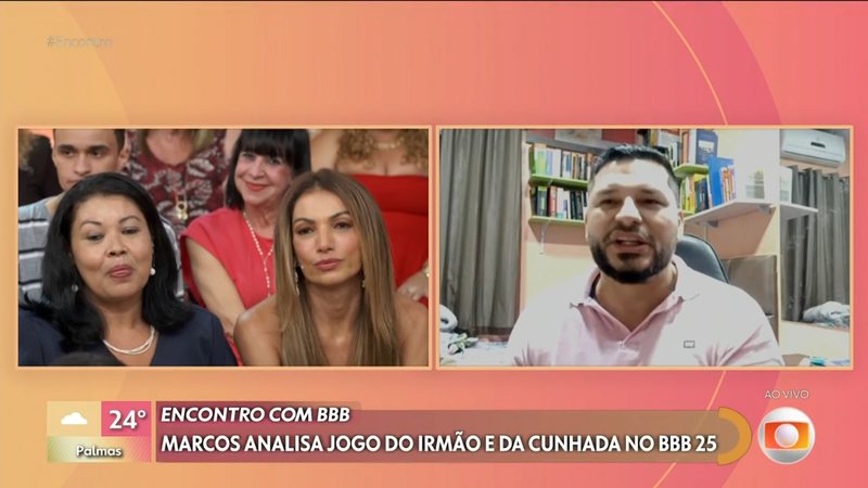 Silmara, Patrícia Poeta e Marcos, irmão de Marcelo, que foi eliminado do BBB 25, no Encontro - Reprodução/Globo