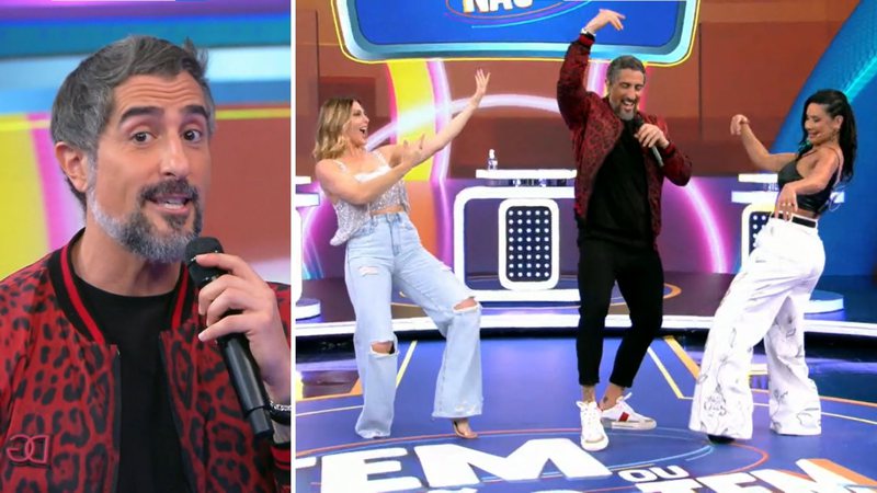 Durante o programa 'Caldeirão', o apresentador Marcos Mion se animou com a presença de Scheila Carvalho e Sheila Mello e entrou na dança; confira o vídeo - Reprodução/TV Globo