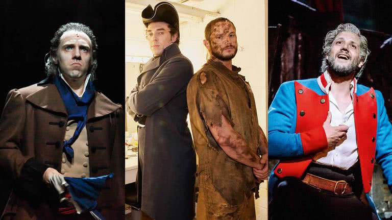 Nando Pradho  (à esq.), como Javert, e o ator espanhol Daniel Diges, como Jean Valjean, são os protagonistas do musical Les Misérables, que está em cartaz no Teatro Renault, em São Paulo. Dos lados, suas respectivas versões envelhecidas - Fotos: Rogerio Pallatta, Divulgação e Brazilnews