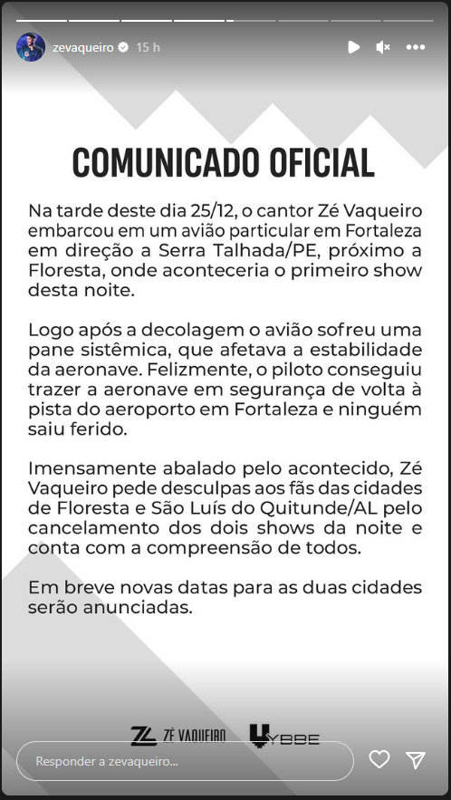 Comunicado oficial da equipe de Zé Vaqueiro