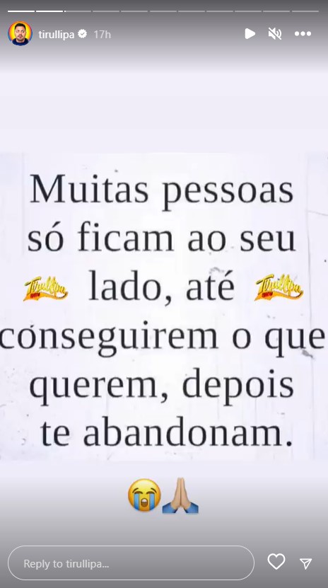Tirullipa publica indireta após ser expulso da 'Farofa da Gkay': "Te abandonam"