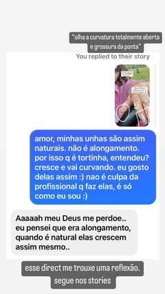 Foto do print da troca de conversa entre Jade e a seguidora que criticou a aparência de sua unha. Jade explica que não usa alongamento e seguidora pede desculpas