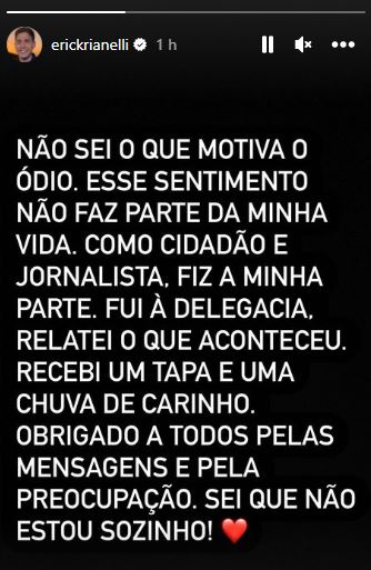 Repórter da Globo escreve texto para agradecer apoio que recebeu de fãs após ser agredido. Ele conta que foi a uma delegacia e registrou boletim de ocorrência