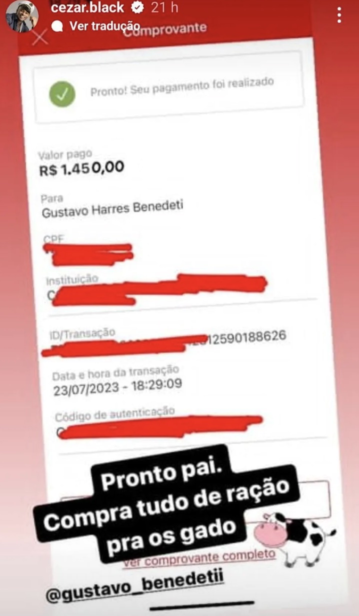 Tá precisando? Ex-BBB Cezar Black transfere valor absurdo para Gustavo Benedeti: "Compra tudo"