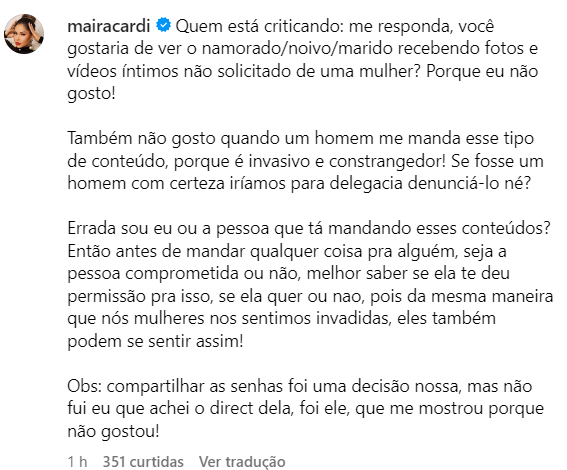 Revoltada, Maíra Cardi desabafa após expor mensagens comprometedoras do noivo: "Errada sou eu?"