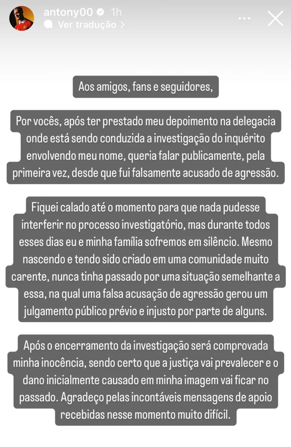 Antony se pronuncia pela primeira vez após acusação de violência doméstica: "Fiquei calado"