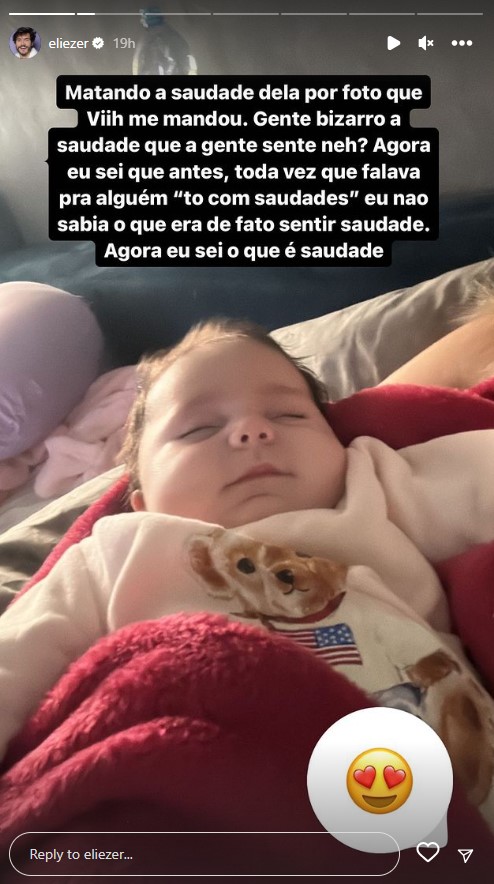 Eliezer se entristece ao deixar Viih Tube sozinha com a filha: "Vazio"