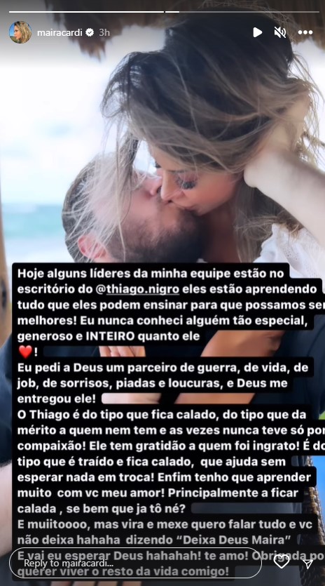 Noivos, Maíra Cardi enaltece Thiago Nigro e expõe ensinamento: "A ficar calada"