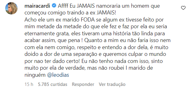 "Não roubei marido de ninguém", dispara Maíra Cardi contra ex-mulher do namorado