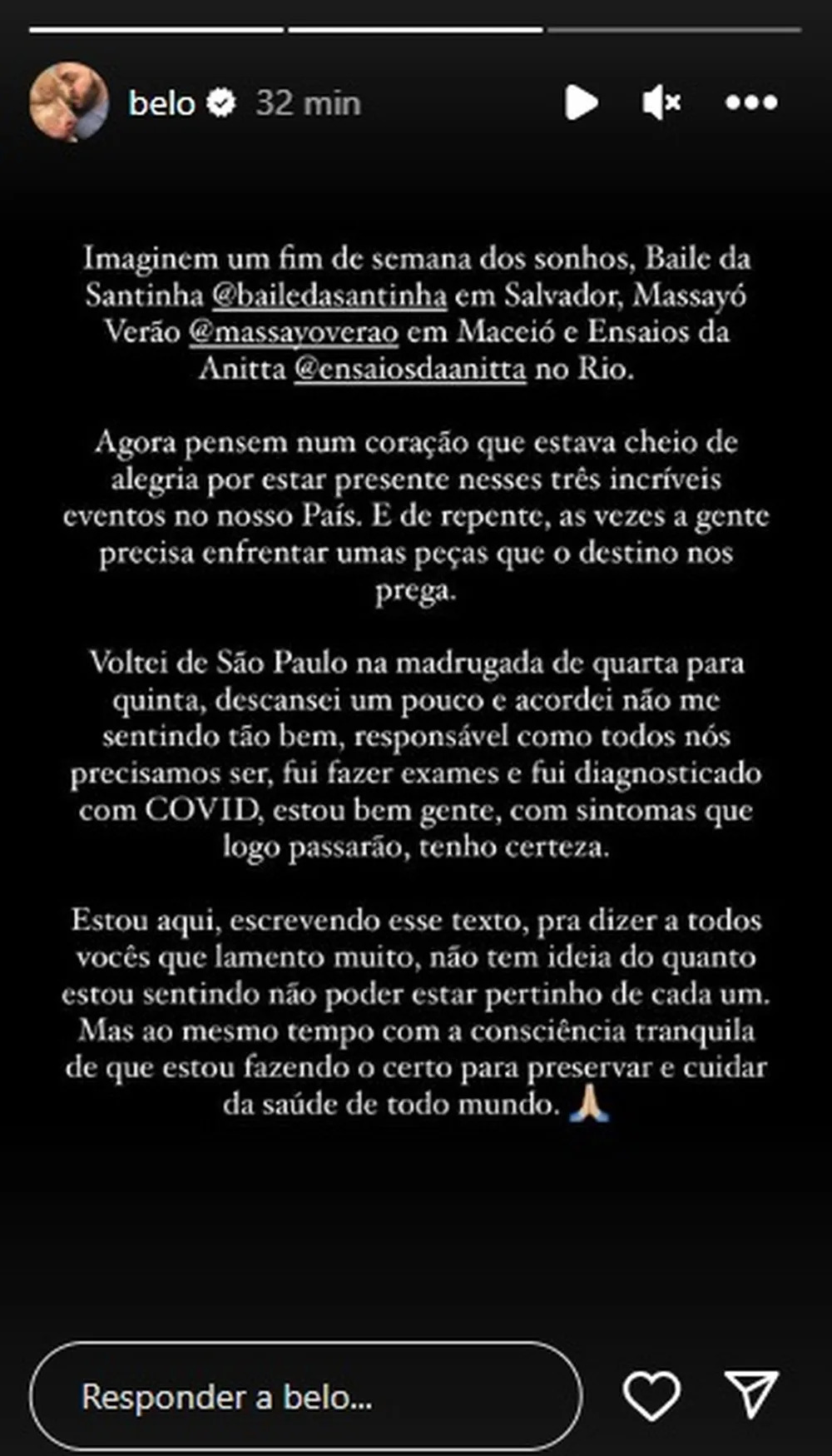 Belo vai perder "final de semana dos sonhos" após diagnóstico: "Lamento muito"