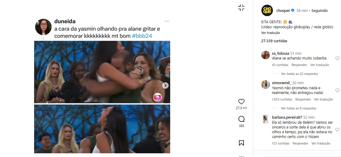 Yasmin Brunet ao ver Alane voltar de paredão