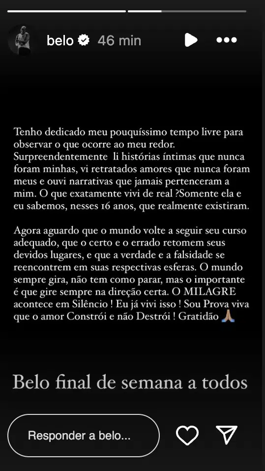 Supostamente traído, Belo faz desabafo sobre Gracyanne Barbosa: "Falsidade"
