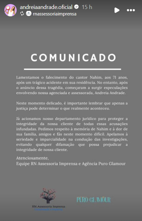 comunicado assessoria Andreia de Andrade, ex-mulher de Nahim