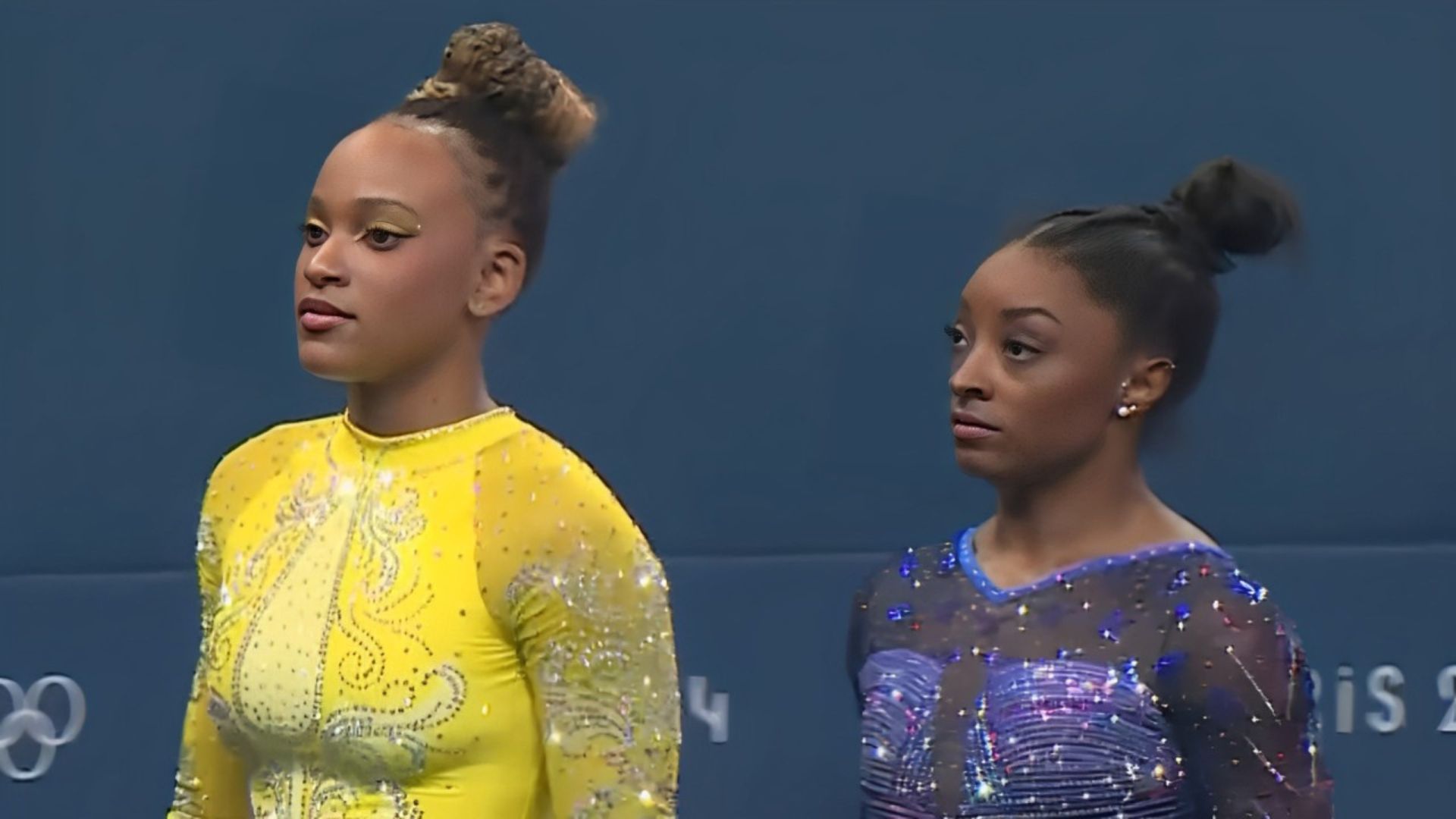 Rebeca Andrade e Simone Biles na final do individual geral da ginástica artística nas Olimpíadas de Paris 2024