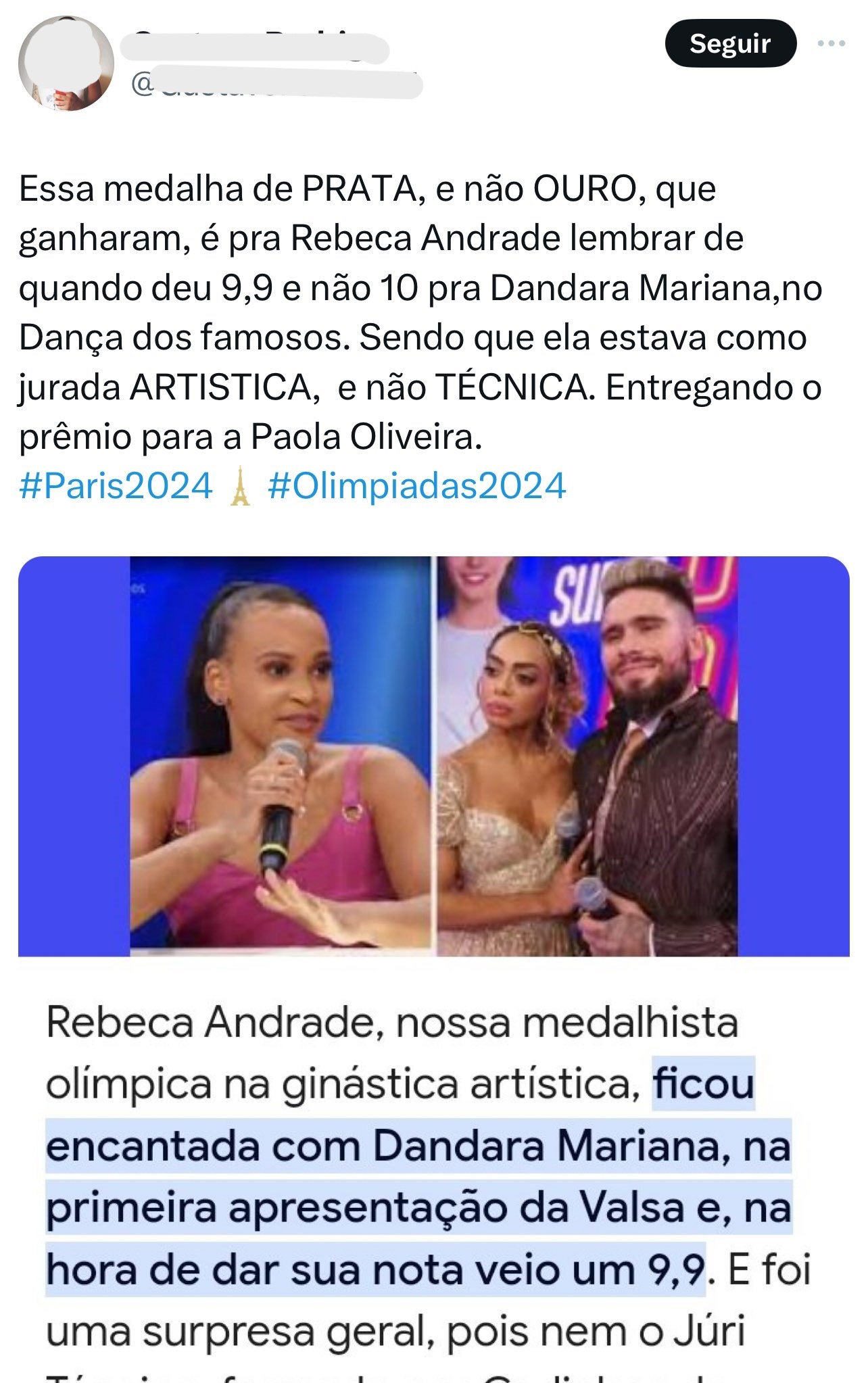 Internauta relembra polêmica de Dandara Mariana e Rebeca Andrade