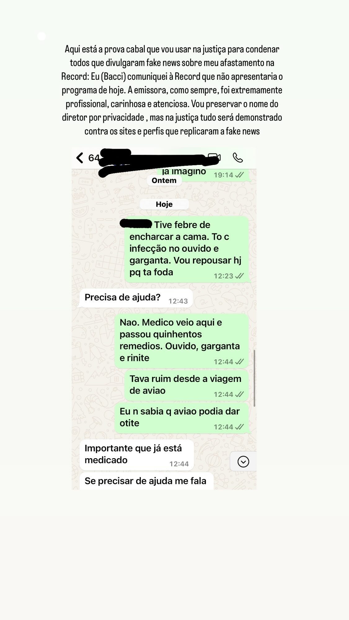 Luiz Bacci mostra conversa com diretor da Record para provar doença que o afastou do Cidade Alerta