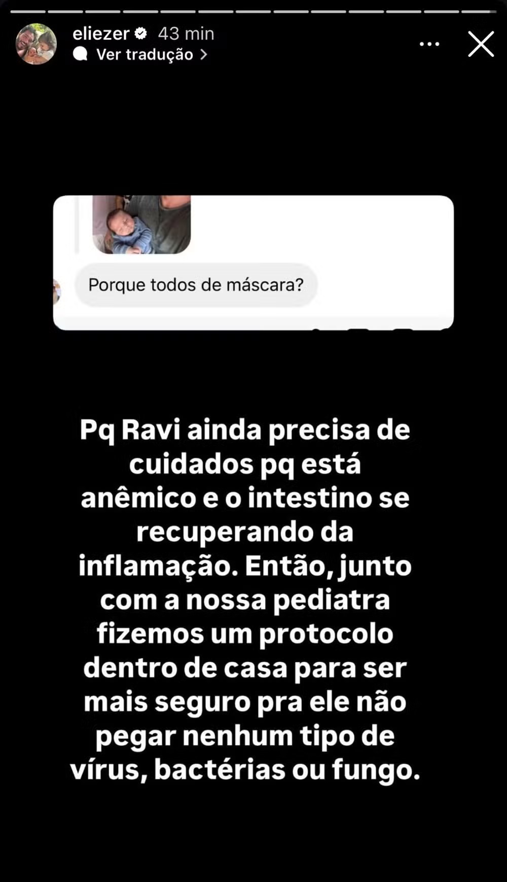 Eliezer falou sobre o estado de saúde de Ravi (Reprodução/Instagram)