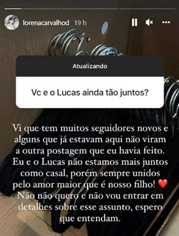 Lorena Carvalho sobre possível retorno com Lucas Lucco