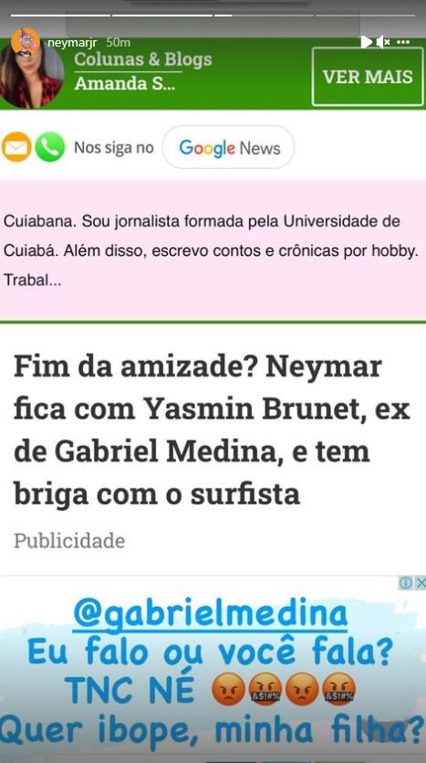 Neymar nega ficada com Yasmin Brunet