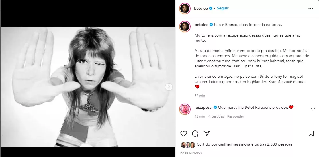 Filho de Rita Lee se emociona com vitória da mãe contra câncer: "Melhor notícia"