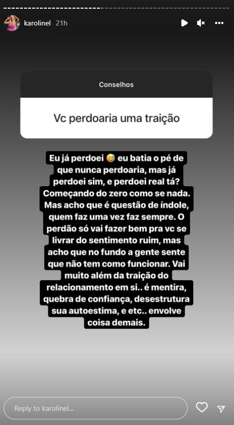 Karoline Lima sobre traição