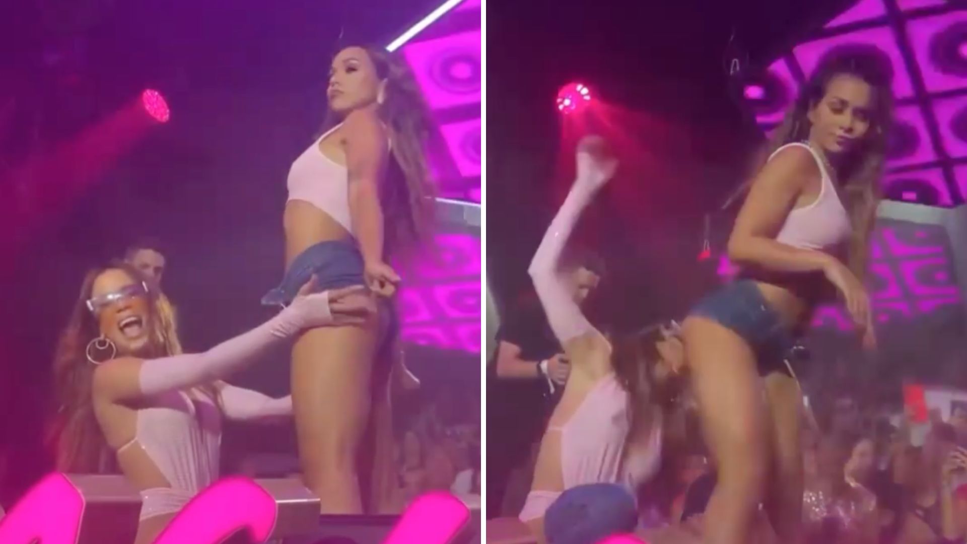 Anitta mete a cara no bumbum de bailarina com quem já viveu romance: 