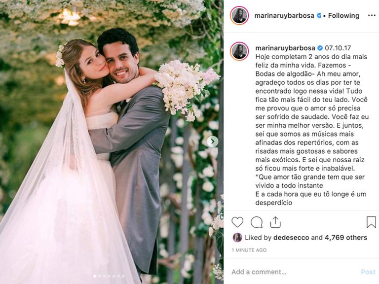 Marina Ruy Barbosa comemora o aniversário de dois anos de casamento