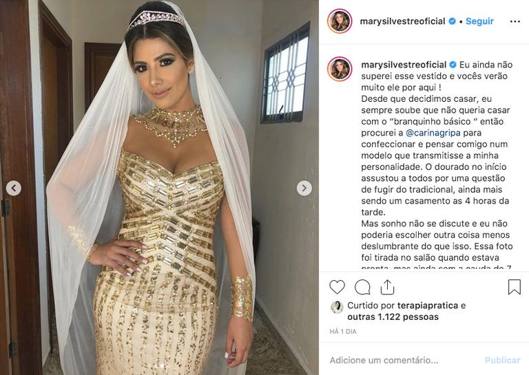 Mary Silvestre - ex-coleguinha do Caldeirão do Huck - se casa com vestido de noiva dourado