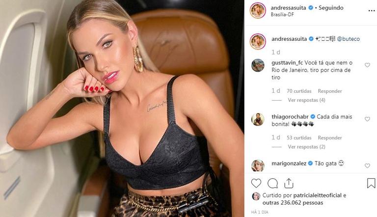 Andressa Suita abusa de decote em look ousado para show de Gusttavo Lima