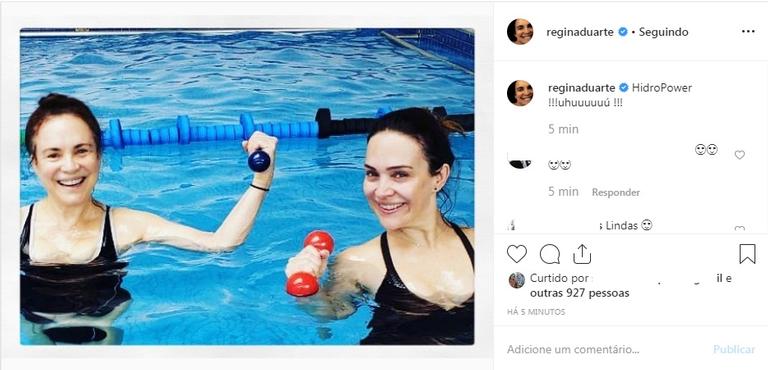 Regina Duarte e Gabriela Duarte aparecem juntas na hidroginástica