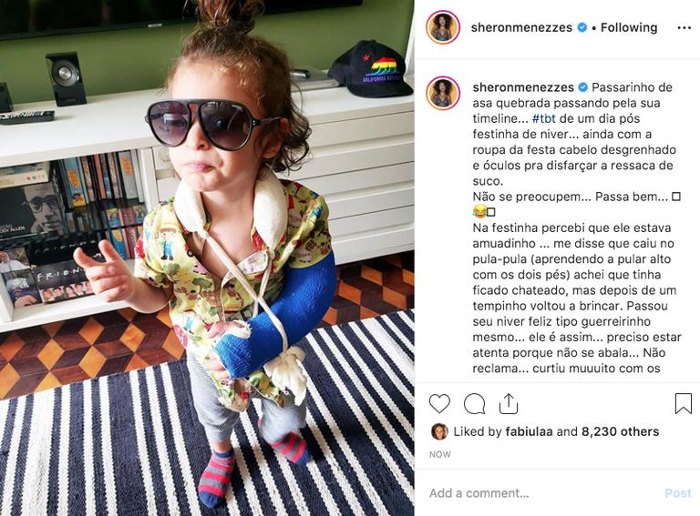 Sheron Menezzes revela que o filho fraturou o braço na festa de aniversário