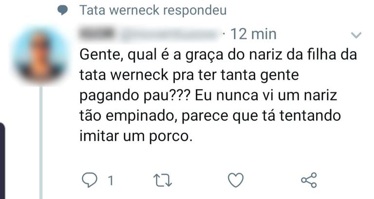 Rapaz fala mal da filha de Tatá Werneck no Twitter