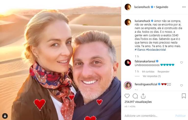 Angélica e Luciano Huck completam 15 anos de casamento