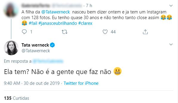 Tatá Werneck descobre contas falsas da filha no Instagram