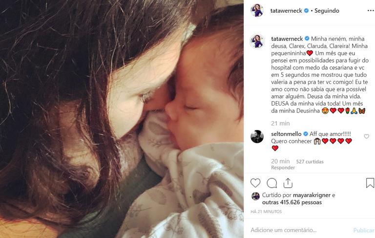 Tatá Werneck celebra o primeiro mês de vida da filha com foto encantadora