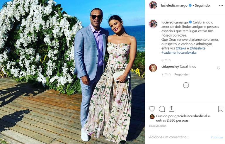 Luciele Di Camargo surge elegante no casamento de Kaká e Carol Dias