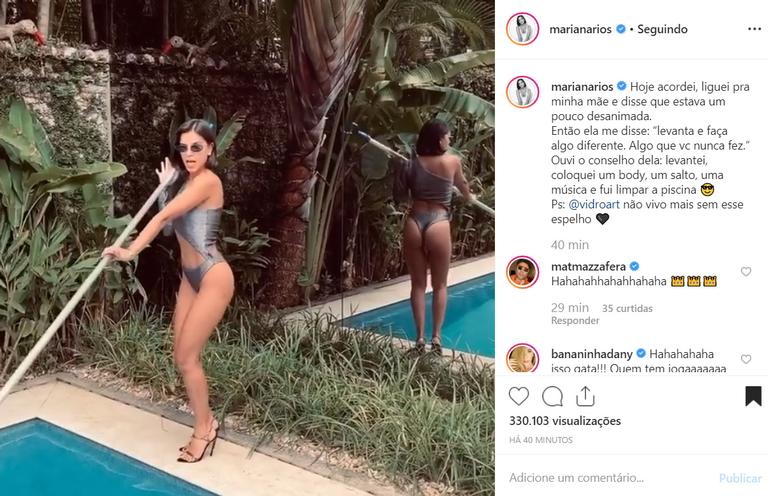 Mariana Rios exibe bumbum poderoso ao limpar a piscina de maiô ousado