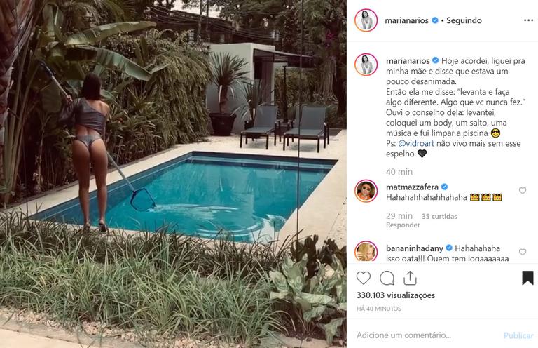 Mariana Rios exibe bumbum poderoso ao limpar a piscina de maiô ousado