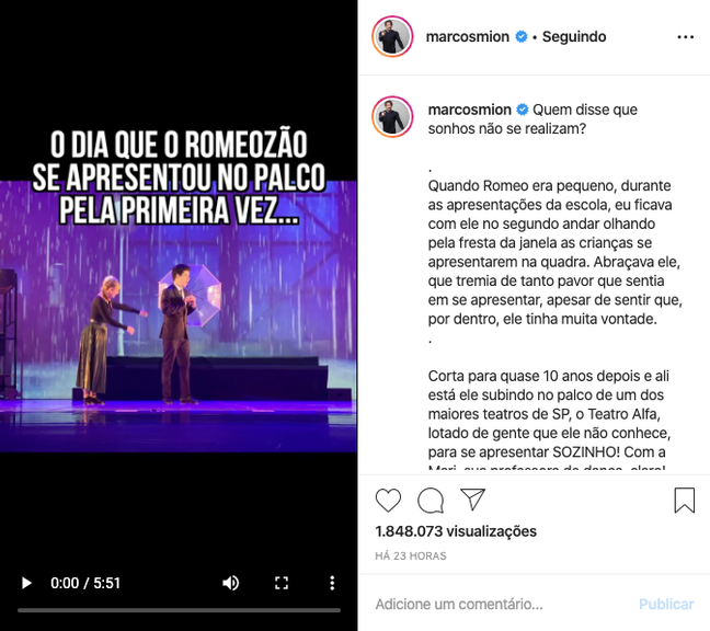 Marcos Mion se comove com a primeira apresentação do filho de 14 anos