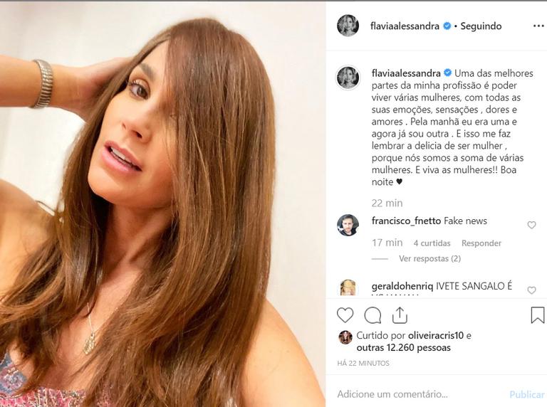 Flávia Alessandra surge com o cabelo comprido nos bastidores de novela