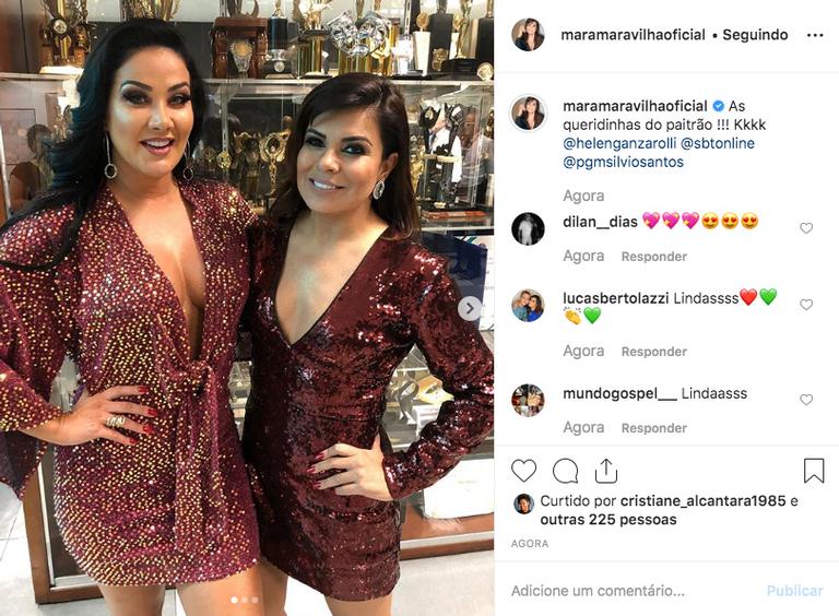 Helen Ganzarolli e Mara Maravilha usam vestidos quase iguais em gravação no SBT